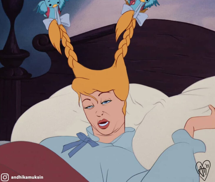 Artista Andhika Muksin ilustra personajes de Disney en contextos modernos; pájaros despertando a Cenicienta