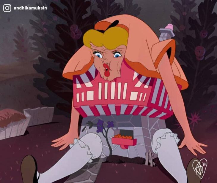 Artista Andhika Muksin ilustra personajes de Disney en contextos modernos; Alicia en el país de las maravillas se hace grande dentro de la casa