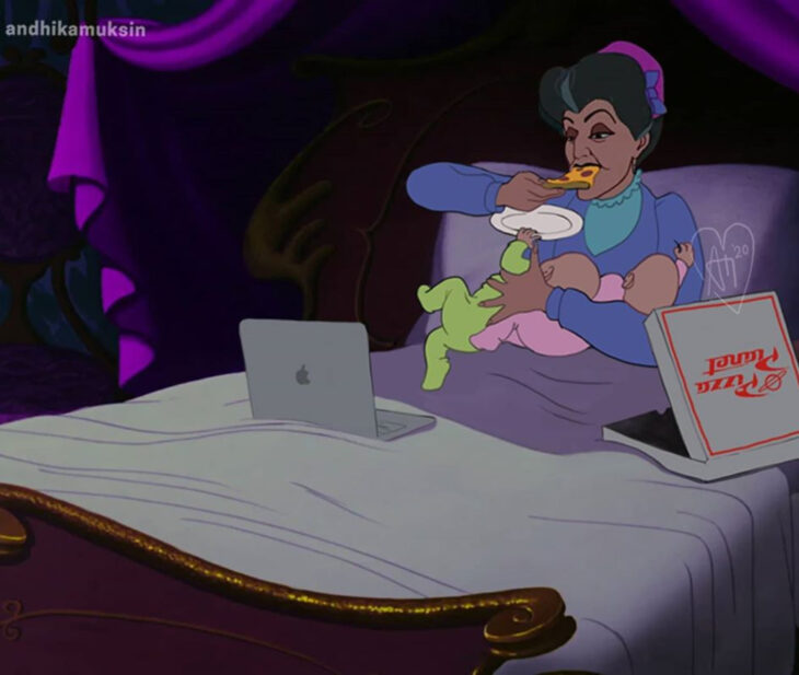 Artista Andhika Muksin ilustra personajes de Disney en contextos modernos; Cenicienta, Lady Tremaine con sus hijas pequeñas, viendo películas en laptop y cenando pizza