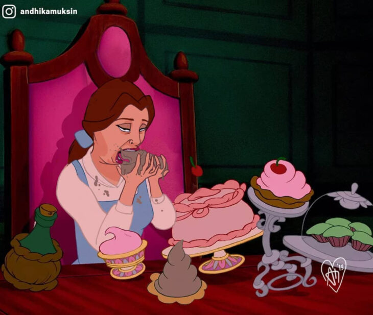 Artista Andhika Muksin ilustra personajes de Disney en contextos modernos; La bella y la bestia, Bella en el castillo comiendo pasteles