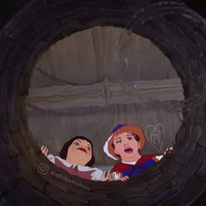 Artista Andhika Muksin ilustra personajes de Disney en contextos modernos; princesa Blancanieves y príncipe Florian cantando en el pozo