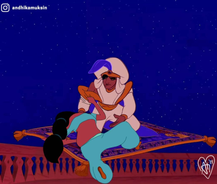 Artista Andhika Muksin ilustra personajes de Disney en contextos modernos; Aladdín ayudando a Jasmín a subir a la alfombra mágica