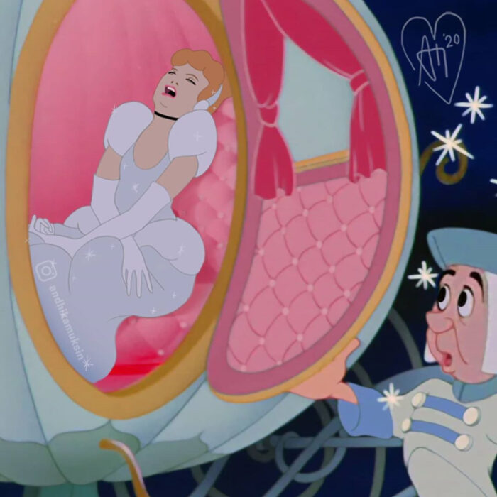 Artista Andhika Muksin ilustra personajes de Disney en contextos modernos; Cenicienta dormida en el carruaje con su vestido azul de princesa
