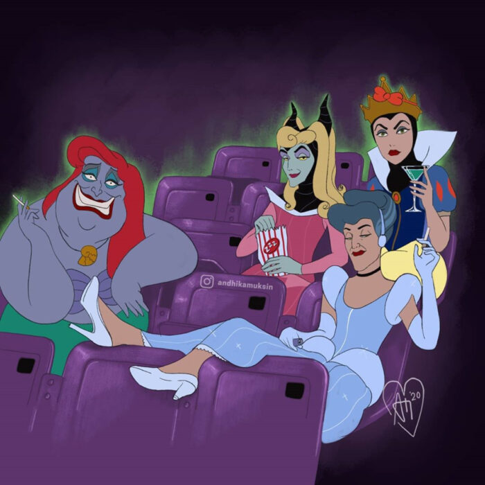 Artista Andhika Muksin ilustra personajes de Disney en contextos modernos; La Sirenita, La bella durmiente, Úrsula disfrazada de Ariel, Lady Tremaine vestida de Cenicienta, Maléfica de Aurora y la Reina Grimhilde de Blancanieves, villanas y brujas en Halloween