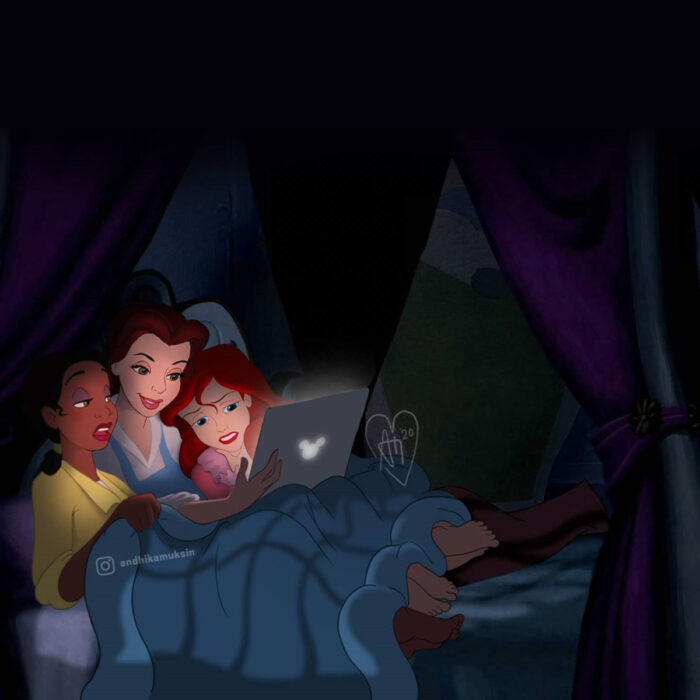 Artista Andhika Muksin ilustra personajes de Disney en contextos modernos; Tiana, Bella y Ariel viendo películas en un laptop; La princesa y el sapo, La bella y la bestia, La sirenita