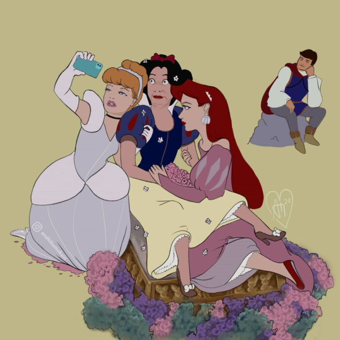 Artista Andhika Muksin ilustra personajes de Disney en contextos modernos; Cenicienta, Blancanieves, Ariel, La Sirenita, tomándose una selfie mientras el príncipe Florian las espera