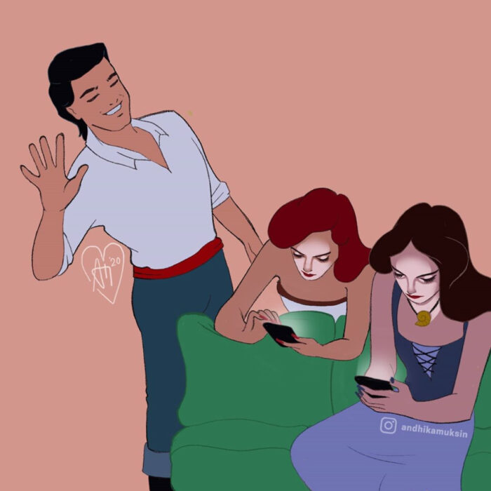 Artista Andhika Muksin ilustra personajes de Disney en contextos modernos; Ariel y Úrsula en versión humana revisando su celular, mientras el príncipe Eric las espera, La Sirenita