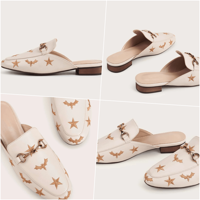 flats blancos con estrellas doradas grabadas en el empeine y detalle de cadena