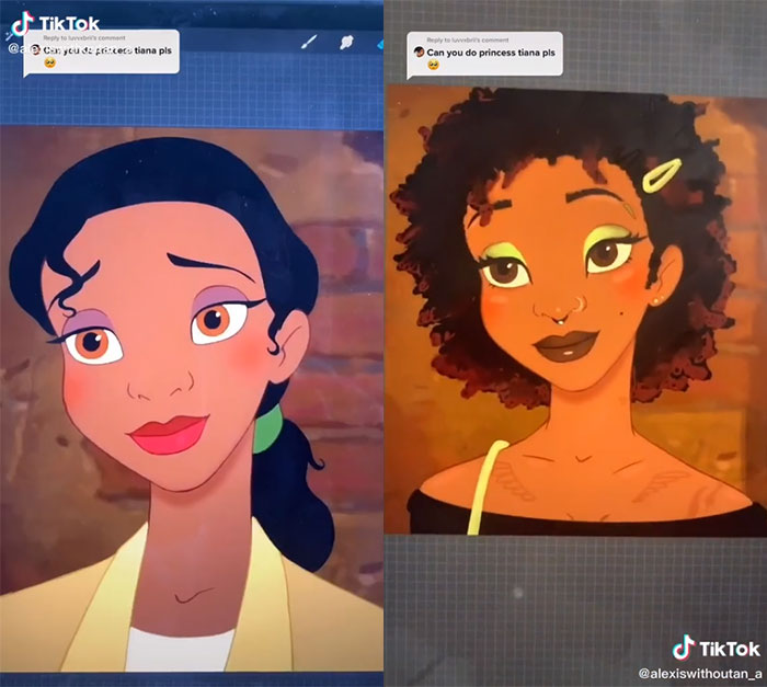 Tiana en su versión gótica, ilustrada por Lexis Vanhecke; personajes Disney en una versión gótica y oscura