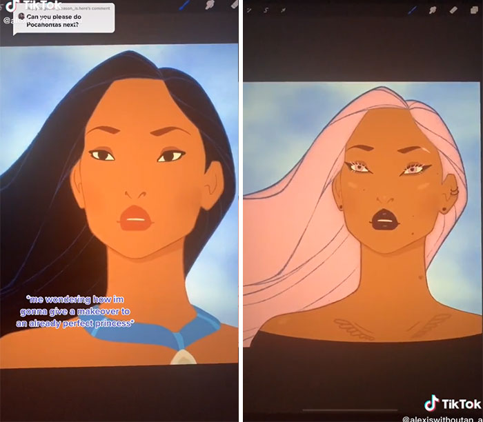 Pocahontas en su versión gótica, ilustrada por Lexis Vanhecke; personajes Disney en una versión gótica y oscura