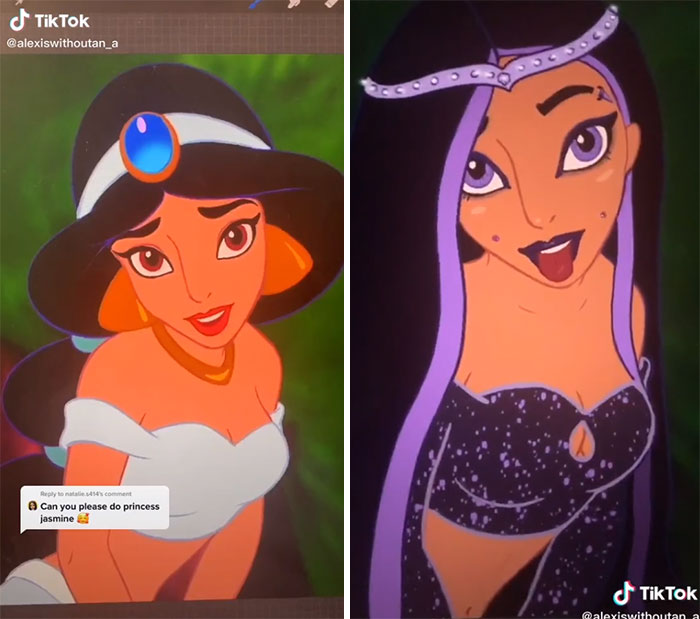 Jazmín en su versión gótica, ilustrada por Lexis Vanhecke; personajes Disney en una versión gótica y oscura