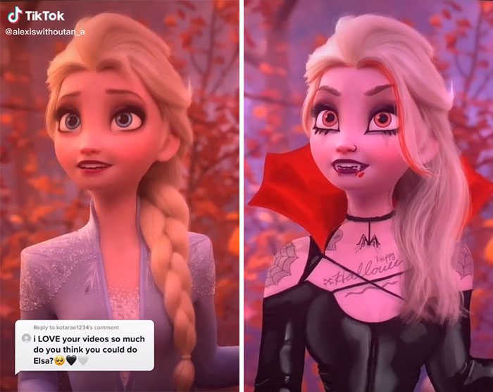 Elsa en su versión gótica, ilustrada por Lexis Vanhecke; personajes Disney en una versión gótica y oscura