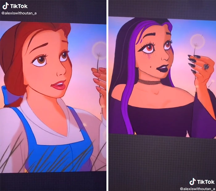 Bella en su versión gótica, ilustrada por Lexis Vanhecke; personajes Disney en una versión gótica y oscura