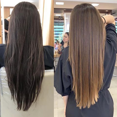 Antes y después de cabello oscuro a castaño y lacio