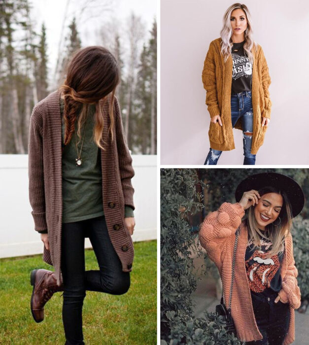 Collage de imágenes de chicas usando outfits donde resaltan los cardigans de diferentes largos