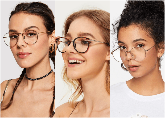 chica de cabello castaño usando lentes anteojos redondos grandes color café con negro