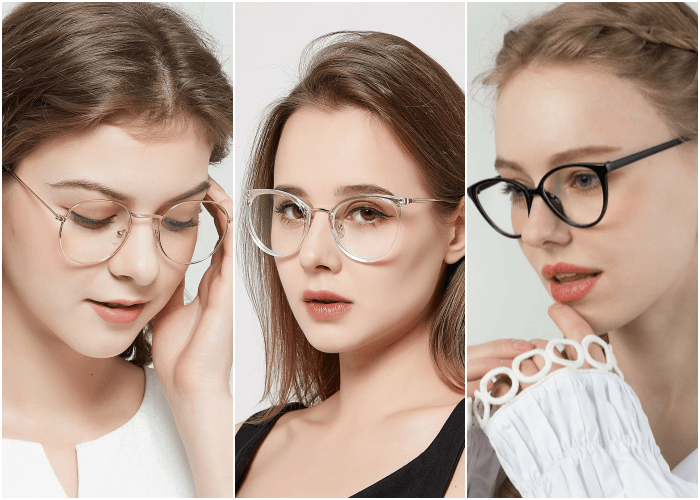 chica rubia usando lentes anteojos con marco delgado metálico, transparente y negro