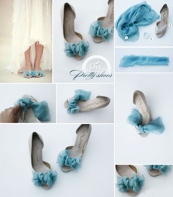 DIY zapatos de piso renovados y decorados con un pedazo de tela fina color azul como si fuera moño en la parte delantera