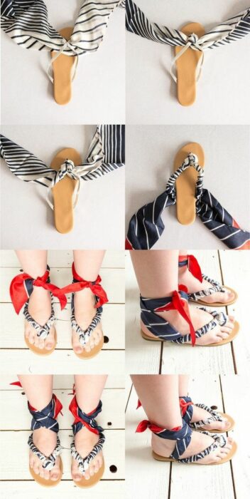 DIY sandalias de piso decoradas con un pañuelo blanco con azul marino y rojo