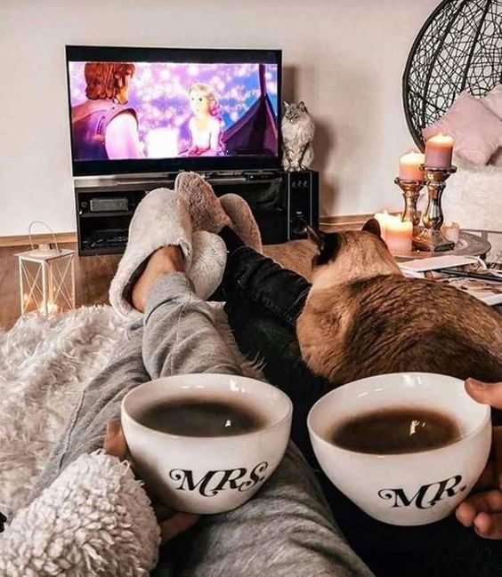 Manos de mujer y hombre toman tazas de café mientras ven la televisión y en sus piernas está acostado un gato café con orejas negras