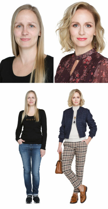 Mujer antes y después de un cambio de look radical con blazer negro y pantalones ajustados a cuadros