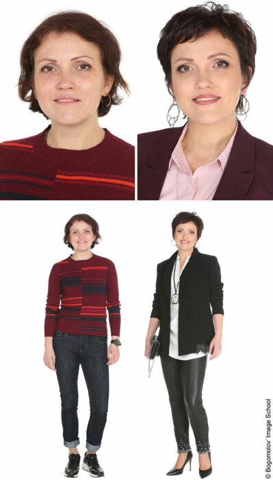 Mujer antes y después de un cambio de look radical con suéter color vino y franjas de color