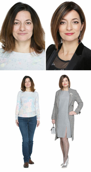 Mujer antes y después de un cambio de look radical con vestido y saco en tonos grises