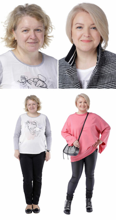 Mujer antes y después de un cambio de look radical con jeans negros y suéter en rosa