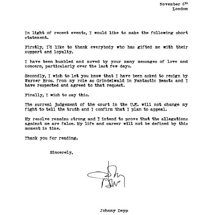 Carta de Johnny Deep a sus fans debido a las polémicas en las que se ha visto envuelto