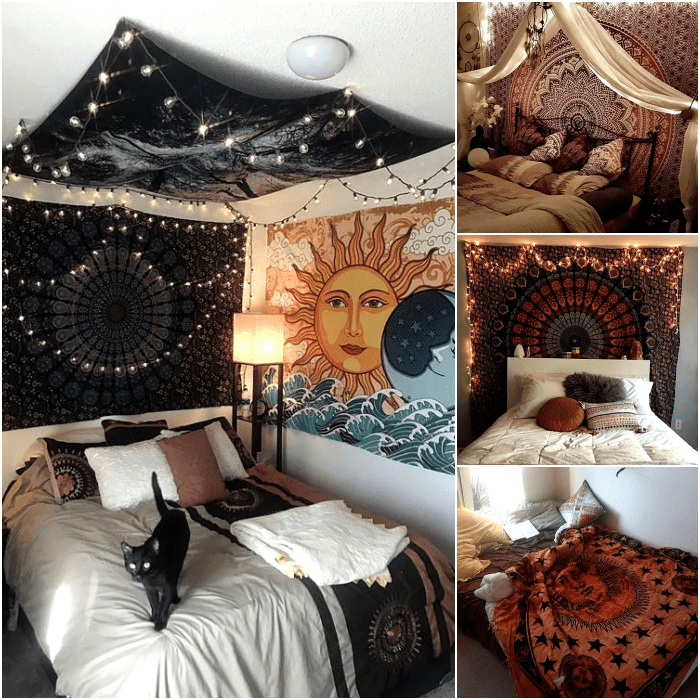 habitaciones de estilo hippie con mantas y pinturas boho