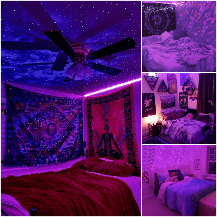 habitaciones decoradas con luces led y neón en colores morado y rosa