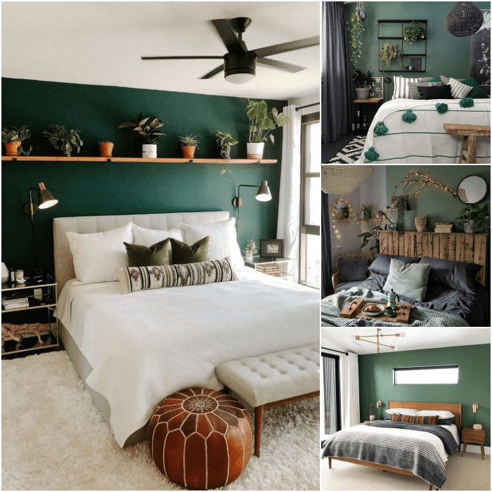 habitaciones en colores verde, blanco y beige con paredes blancas y diseños naturales