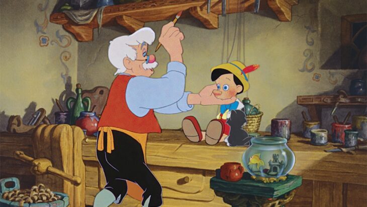 Geppetto pintando la cara de Pinocho