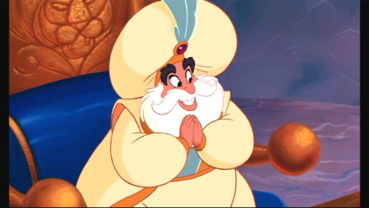Escena de Aladdin en la que se ve al Sultán viendo a su hija