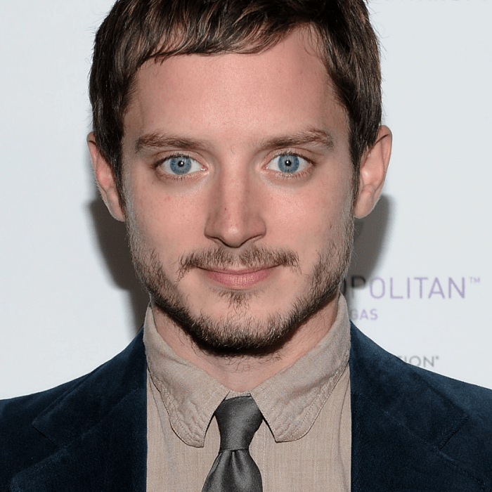 elijah wood usando una camisa beige, corbata gris oscuro y saco azul marino