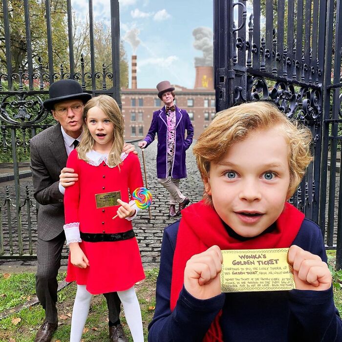 Neil Patrick Harris, David Burtka y sus hijos disfrazados como Willy Wonka y la fábrica de chocolates