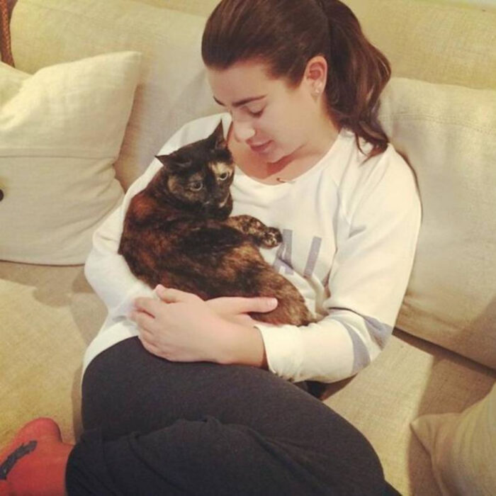 Famosos que han adoptado mascotas, perros o gatos; Lea Michele sentada en el sillón abrazando a su gata carey, Sheila