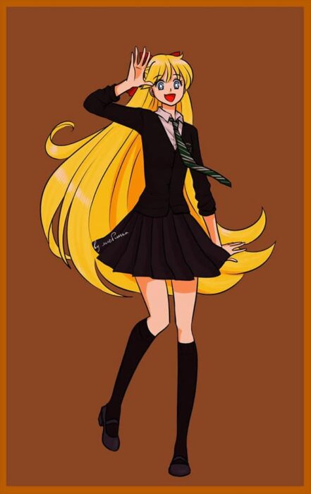Minako de Sailor moon con uniforme Slytherin de Hogwarts