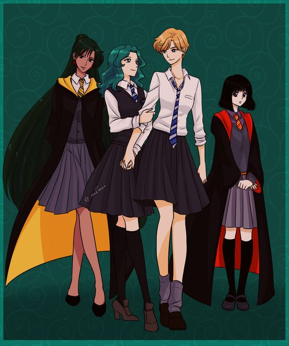 Sailor Neptuno y Sailor Urano de Sailor moon con uniforme de Ravenclaw de Hogwarts