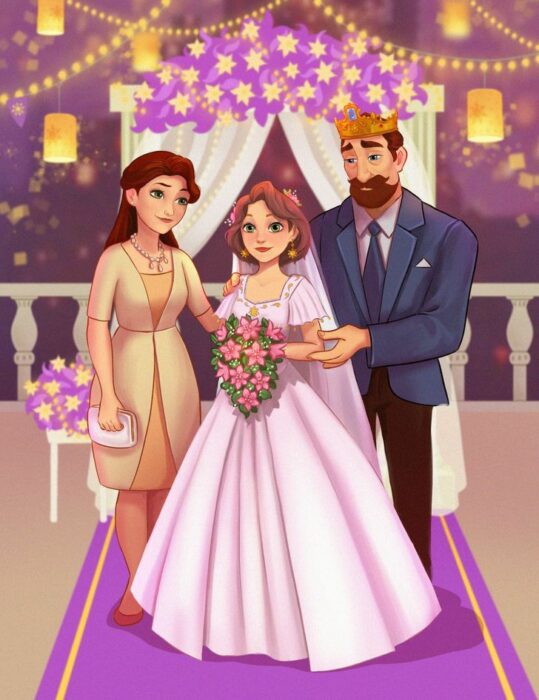 Rapunzel en el altar con sus papás