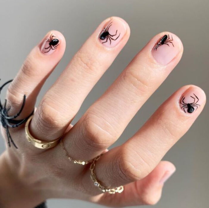 Manicura inspirada en noche de brujas de fondo transparente con arañas en negro