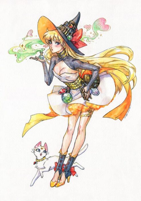 Ilustración de Kutty Sark transformando a Mina Aino en bruja