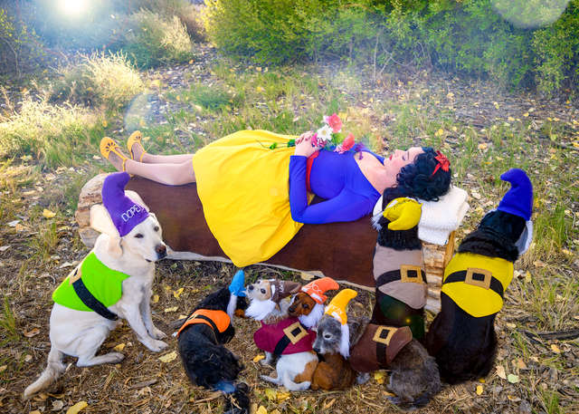 Mujer vestida como Blancanieves recostada sobre un tronco junto a sus perritos
