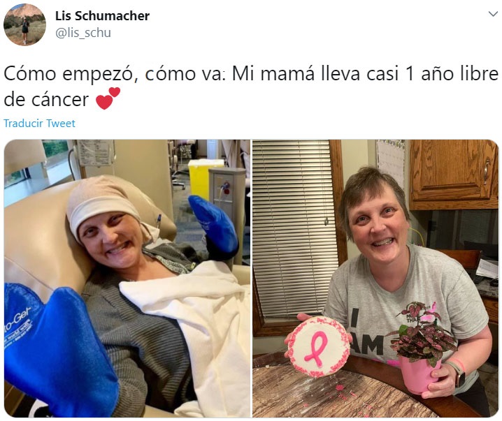 Captura de Twitter de una mujer participando en el reto "Cómo empezó vs Cómo terminó" en su lucha contra el cáncer