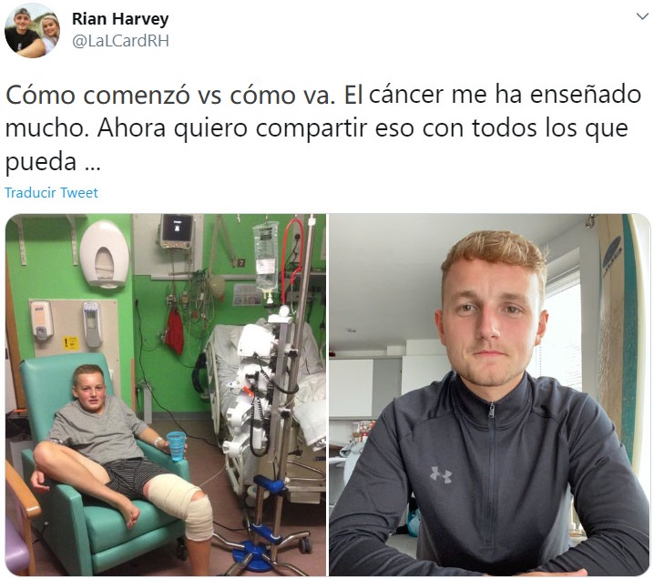 Captura de Twitter de un hombre participando en el reto "Cómo empezó vs Cómo terminó" en su lucha contra el cáncer