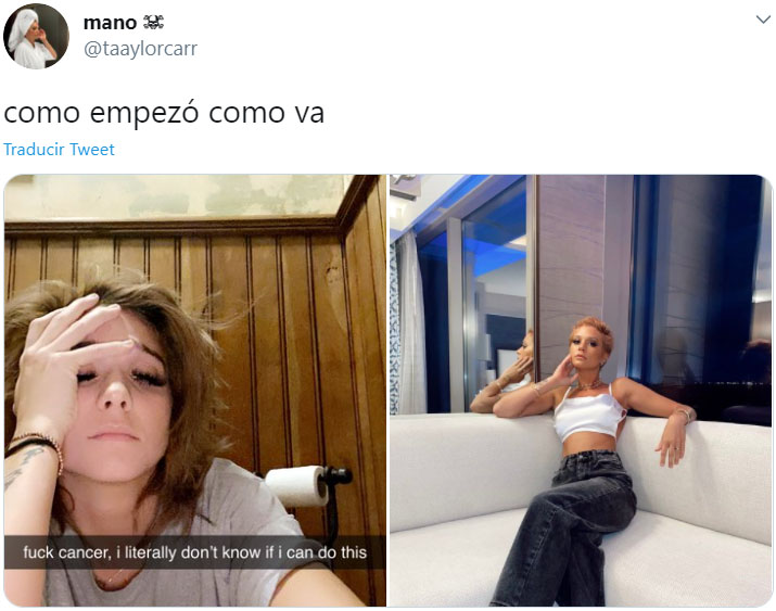 Captura de Twitter de una mujer participando en el reto "Cómo empezó vs Cómo terminó" en su lucha contra el cáncer