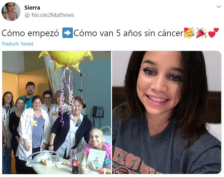 Captura de Twitter de una mujer participando en el reto "Cómo empezó vs Cómo terminó" en su lucha contra el cáncer