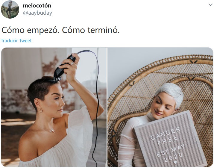 Captura de Twitter de una mujer participando en el reto "Cómo empezó vs Cómo terminó" en su lucha contra el cáncer
