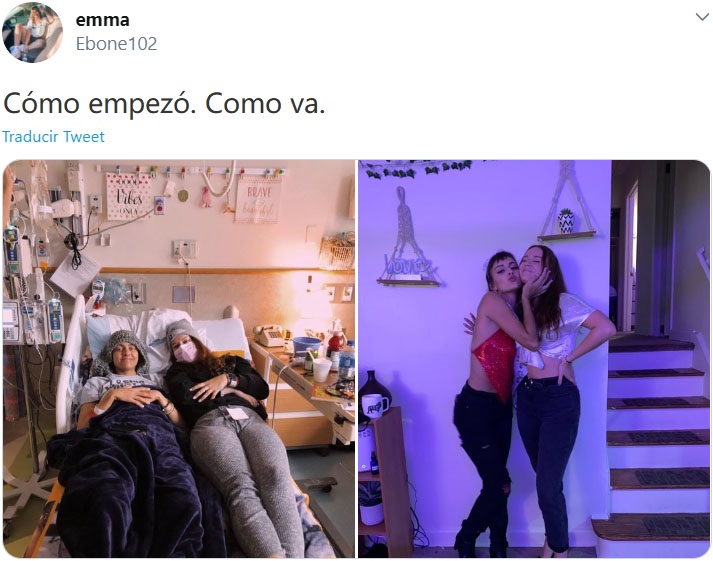 Captura de Twitter de una mujer participando en el reto "Cómo empezó vs Cómo terminó" en su lucha contra el cáncer