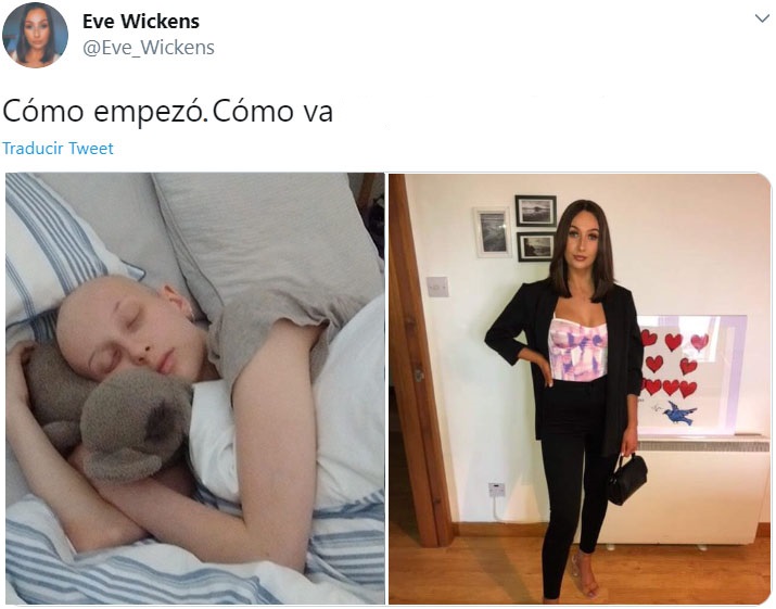 Captura de Twitter de una mujer participando en el reto "Cómo empezó vs Cómo terminó" en su lucha contra el cáncer
